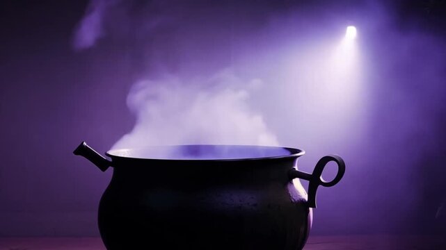 A cauldron with glowing steam over a potion on a dark violet hazy background. Zoom in witch's cauldron. halloween concept