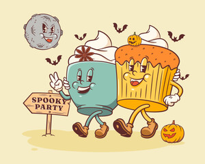 Halloween Groovy Pumpkin Cupcake and Coffee Retro Characters Banner. Cartoon Sweets Cup Latte Walking under Evil Moon. Vector Autumn Holiday Mascot Template. Happy Vintage Cool Illustration Isolated