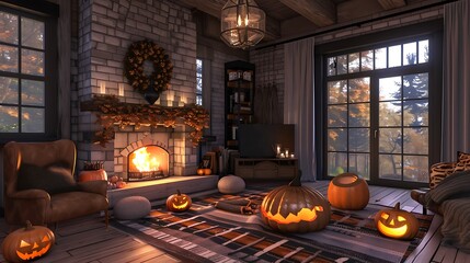 Obraz premium A modern room with a fireplace that is themed around halloween