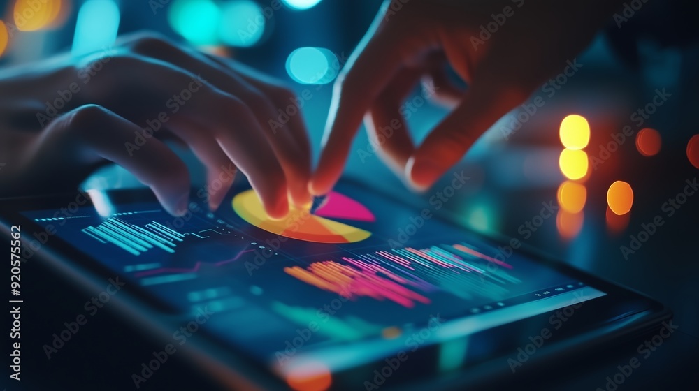 Poster hands interact with a digital tablet displaying colorful data analytics in a dimly lit environment