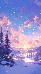 Fototapeta premium Enchanting Anime Winter Wonderland: Dreamy Twilight Snow Scene with Vibrant Sunset Hues. Magical Animated Landscape for Seasonal Greetings, Book Illustrations, and Creative Marketing. AI-Generated 4K 