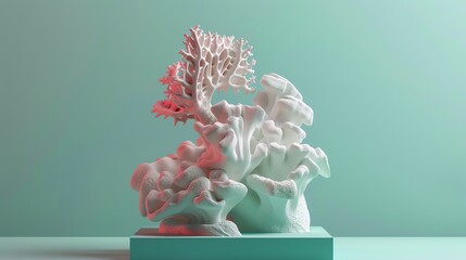 A white organic-shaped sculpture on a teal platform.