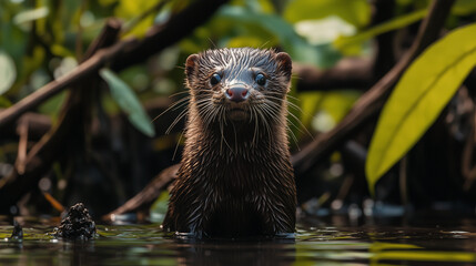 Fototapeta premium In close-up, we see a wet mink standing in shallow water, its fur covered in water droplets. Green vegetation and branches in the background add to the natural charm of the scene.