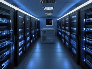 Servers racks walkthrough in Modern data center. Cloud computing datacenter server room. Cloud computing data storage 3d renderserver rack with servers,server rack with servers,server rack in a center