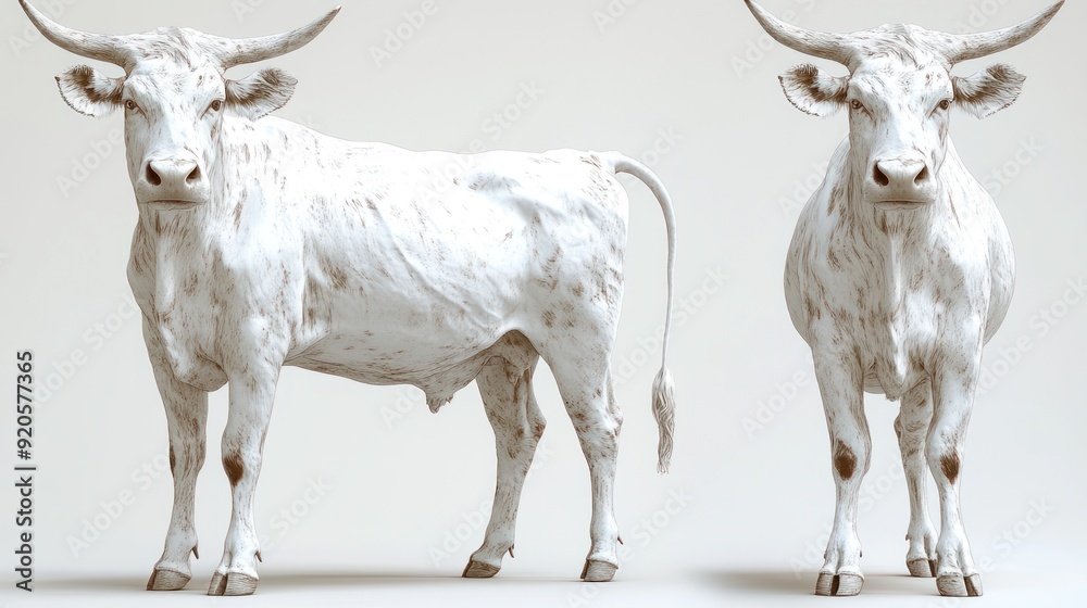 Poster Two white bulls standing side by side on a white background.