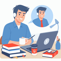 students studying, working, meeting with computers