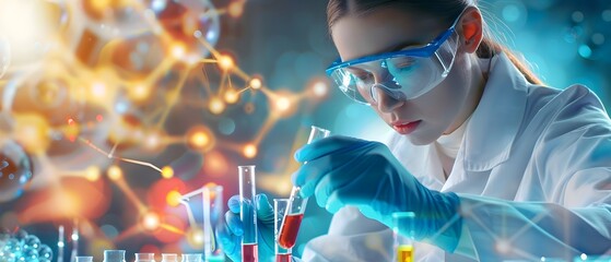 Scientist Working in Lab with Test Tubes and Colorful Liquids.