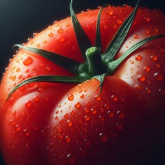 Close-up photo of a fresh juicy red organic tomato vegetable on a black background