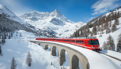 Red train crossing bridge in swiss alps during winter