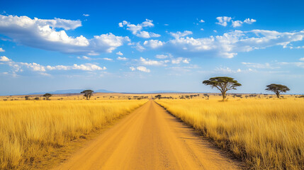 Fototapeta premium The picturesque, unpaved road leads far along the savannah landscape, surrounded by tall, golden grasses and sparse trees.