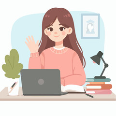 students studying, working, meeting with computers