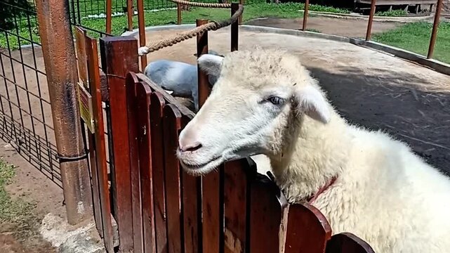 Cute bleating sheep at a zoo on a sunny day