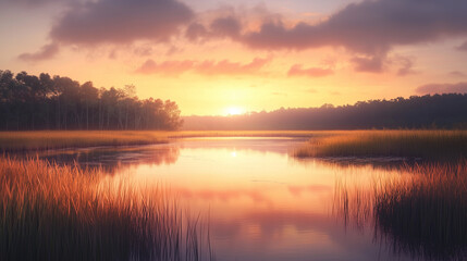 Fototapeta premium An idyllic landscape where the still water of the marsh reflects the setting sun, surrounded by tall grasses and a line of trees in the distance.