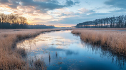 Fototapeta premium An idyllic landscape where the still water of the marsh reflects the setting sun, surrounded by tall grasses and a line of trees in the distance.