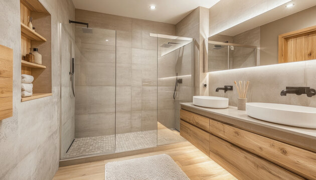 Modern bathroom with walk in shower and double sink vanity combining minimalist aesthetics and rustic elements