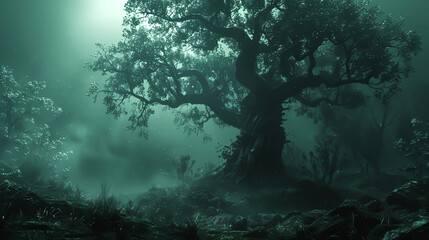 The photo shows a dark and mysterious forest with a large tree in the center. The atmosphere is foggy and eerie.