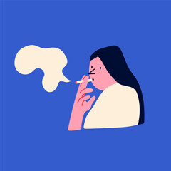 Young lady holding cigarette. Hand drawn modern Vector illustration. Addiction, bad habit, smoking concept. Poster, print, logo, icon design template. Isolated element