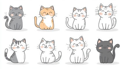 Set of illustration with happy cute different cat character on white color background. Flat line art style design of group of animal cat in different pose