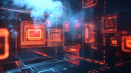 Fototapeta premium Floating Holographic Firewall Icons in a High-Tech Room with Digital Smoke and Glowing Patterns