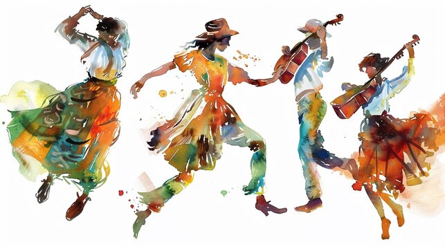 Traditional American dance and music,Clipart, watercolor illustration, Perfect for nursery art The style is handdrawn, white background