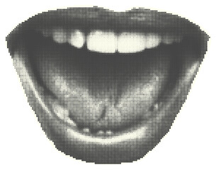 Set of eyes, lips, ear in halftone style. Retro magazine cut out clippings. Punk y2k collage isolated sticker elements. Mouth and tongue on yellow background. Vintage design Vector illustration