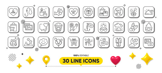 Hook, Be mine and Journey line icons pack. 3d design elements. Smile, Sale bags, Shopping cart web icon. Kiss me, Aroma candle, Popcorn pictogram. Fireworks, Sunset, Heart. Vector