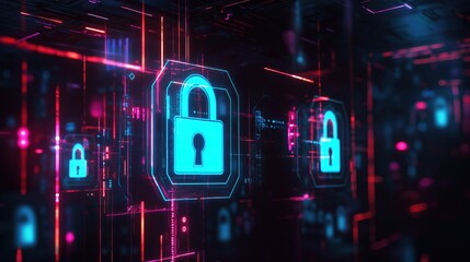Obraz premium Neon Data Security: Holographic Lock Icons in Cyber Space