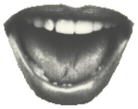 Set of eyes, lips, ear in halftone style. Retro magazine cut out clippings. Punk y2k collage isolated sticker elements. Mouth and tongue on yellow background. Vintage design Vector illustration
