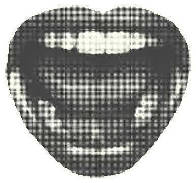 Set of eyes, lips, ear in halftone style. Retro magazine cut out clippings. Punk y2k collage isolated sticker elements. Mouth and tongue on yellow background. Vintage design Vector illustration