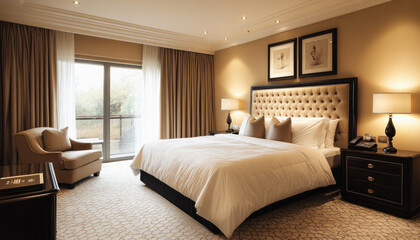 Elegant hotel room with king size bed and balcony access
