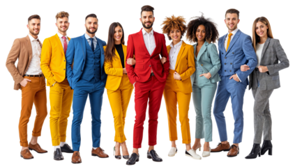 Colorful Corporate Confidence: A diverse group of stylish professionals in vibrant suits radiate confidence and unity, showcasing their individuality and teamwork in a vibrant, modern portrait.  
