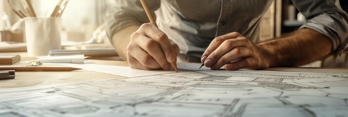 Close-up of an architect's hands drawing precise blueprints, showcasing the concentration and details involved in architectural design.