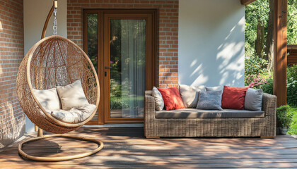 Modern hanging egg chair and sofa on a wooden terrace with garden view
