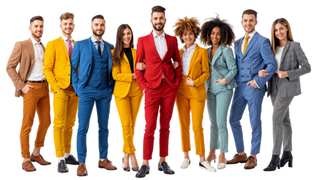 Colorful Corporate Confidence: A diverse group of stylish professionals in vibrant suits radiate confidence and unity, showcasing their individuality and teamwork in a vibrant, modern portrait.  