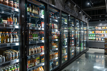 Interior view of huge glass fridge with various brand foods and beverages in Mercato grocery store. Mercato is the coolest fresh premium supermarket