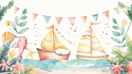 Fototapeta premium Beach party banner clipart with festive decorations,Clipart, watercolor illustration, Perfect for nursery art The style is handdrawn, white background