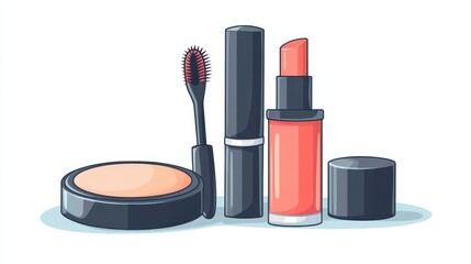 3d Makeup Cosmetic Product Concept,Lipstick,eyeshadow palette Eyeliner,cheek Blush,Foundation bottle,Cushion bb cream,Face Powder and Professional Brush,cosmetic brush Vector illustration.