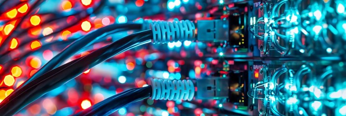 Vibrant colored network cables connected in a busy data center server rack, illuminated by bright lights, showcasing modern technology infrastructure.