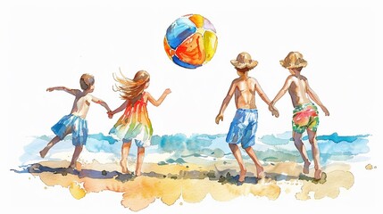 Fototapeta premium Beach ball clipart being tossed between friends,Clipart, watercolor illustration, Perfect for nursery art The style is handdrawn, white background