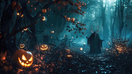 Naklejka premium Halloween background lantern pumpkins and witch in scary forest