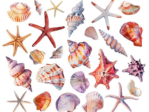 Seashell clipart arranged in a decorative pattern,Clipart, watercolor illustration, Perfect for nursery art The style is handdrawn, white background