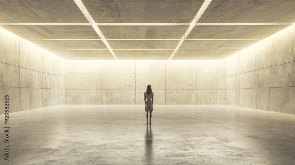 Poster a 3d rendering of abstract futuristic architecture with an empty concrete floor, showing the scene a