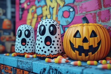Obraz premium Pop art Halloween composition with cartoonish ghosts, candy corn, and a polka-dotted pumpkin