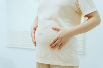 A middle-aged pregnant Asian woman is isolated on a white background, highlighting her maternity...