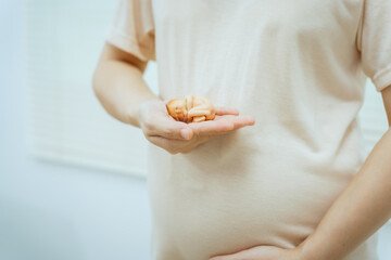 A middle-aged pregnant Asian woman is isolated on a white background, highlighting her maternity...