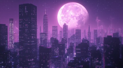Fototapeta premium Vector illustration of night city and full moon with galaxy under starry sky,cityscape and its reflection,Dark urban,Night town in flat style,purple tone,Panorama of the city,Square banner concept.