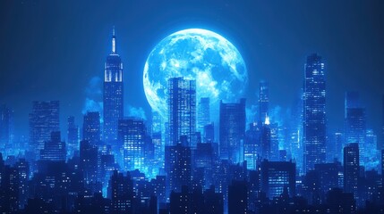 Fototapeta premium Vector illustration of night city and full moon with galaxy under starry sky,cityscape and its reflection,Dark urban,Night town in flat style,blue tone,Panorama of the city,Square banner concept.