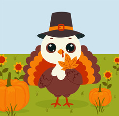 Happy Thanksgiving Day. Vector Illustration with turkey Bird and Pumpkins, nature. greeting postcard, banner, poster.