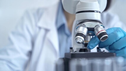 Scientist using microscope in laboratory. Close-up of a researcher's hands adjusting a modern microscope in a lab setting. Science concept