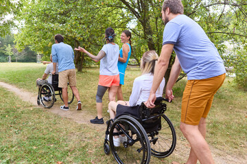 Group of friends enjoying a park outing, including persons in wheelchairs engaging in conversation